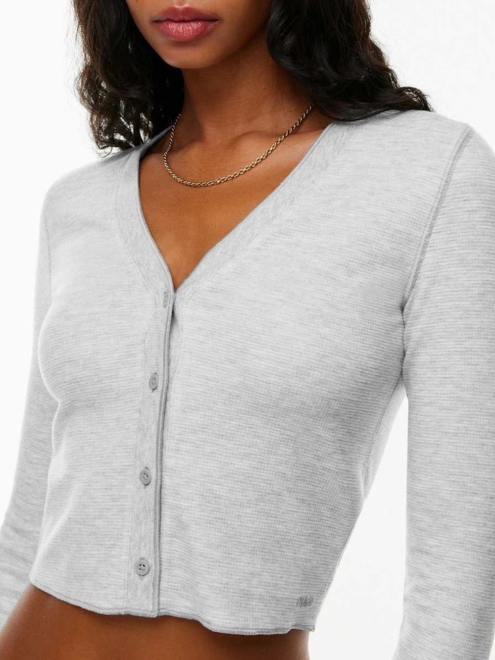 Aritzia TNA Wafflex Stopover Grey Long Sleeve Button Down Waffle Shirt Top M - Picture 3 of 10